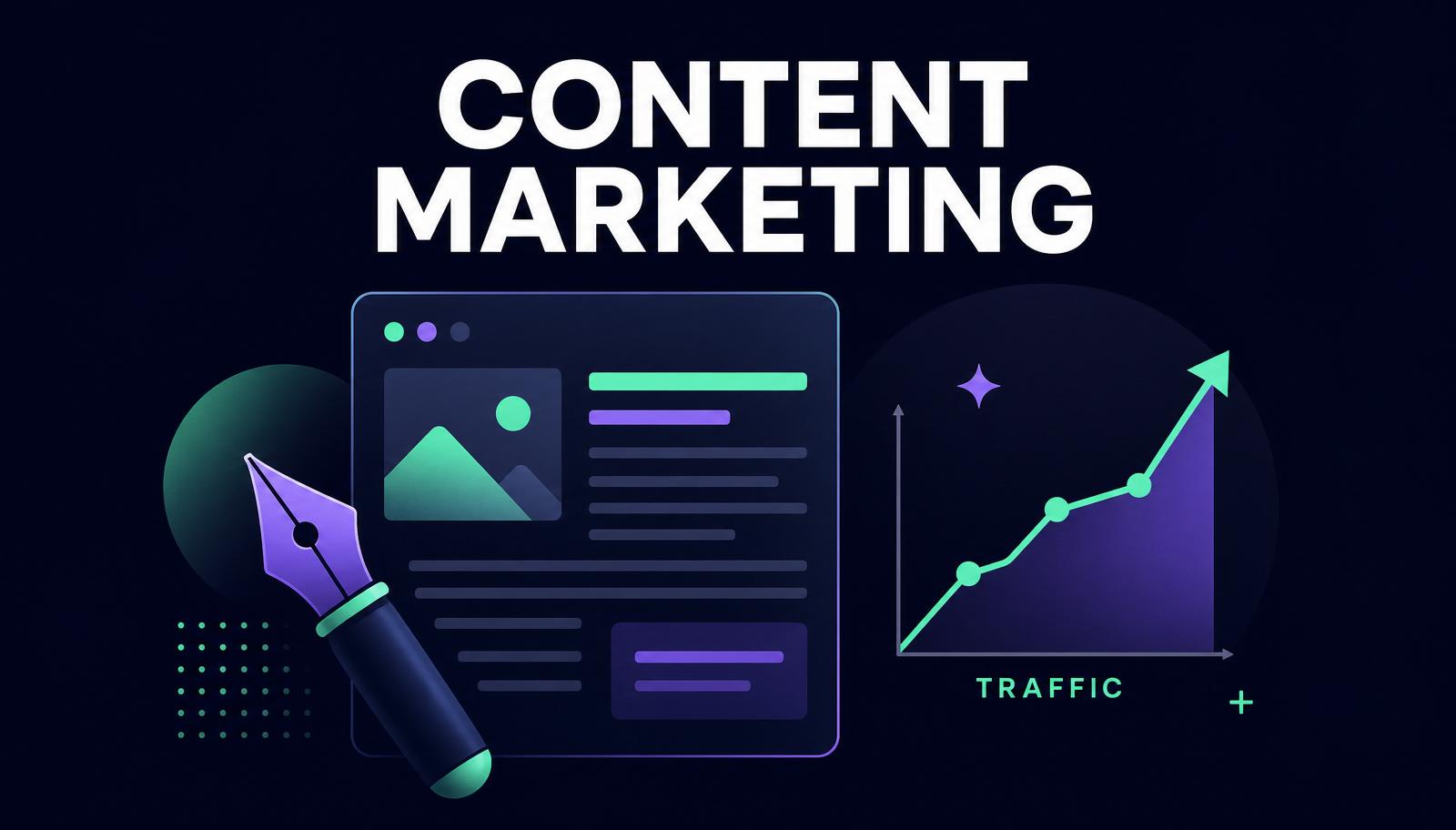 Content marketing infographic showing keyword clusters, article stack, and organic traffic growth chart