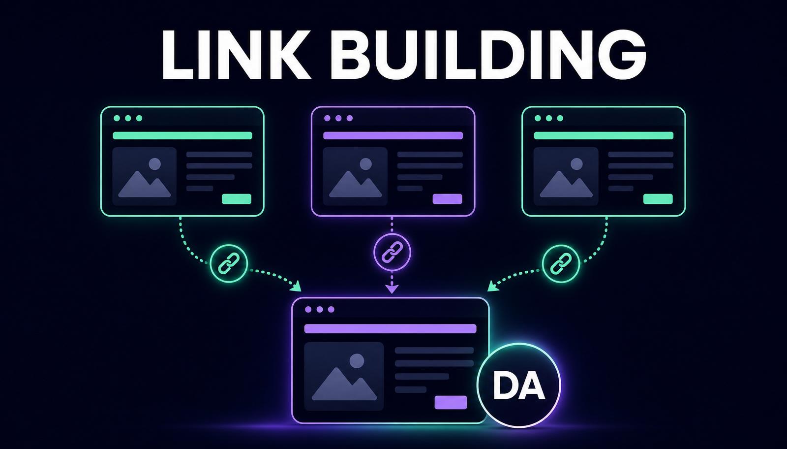 Link building infographic with interconnected domain authority nodes and referring-domain growth chart