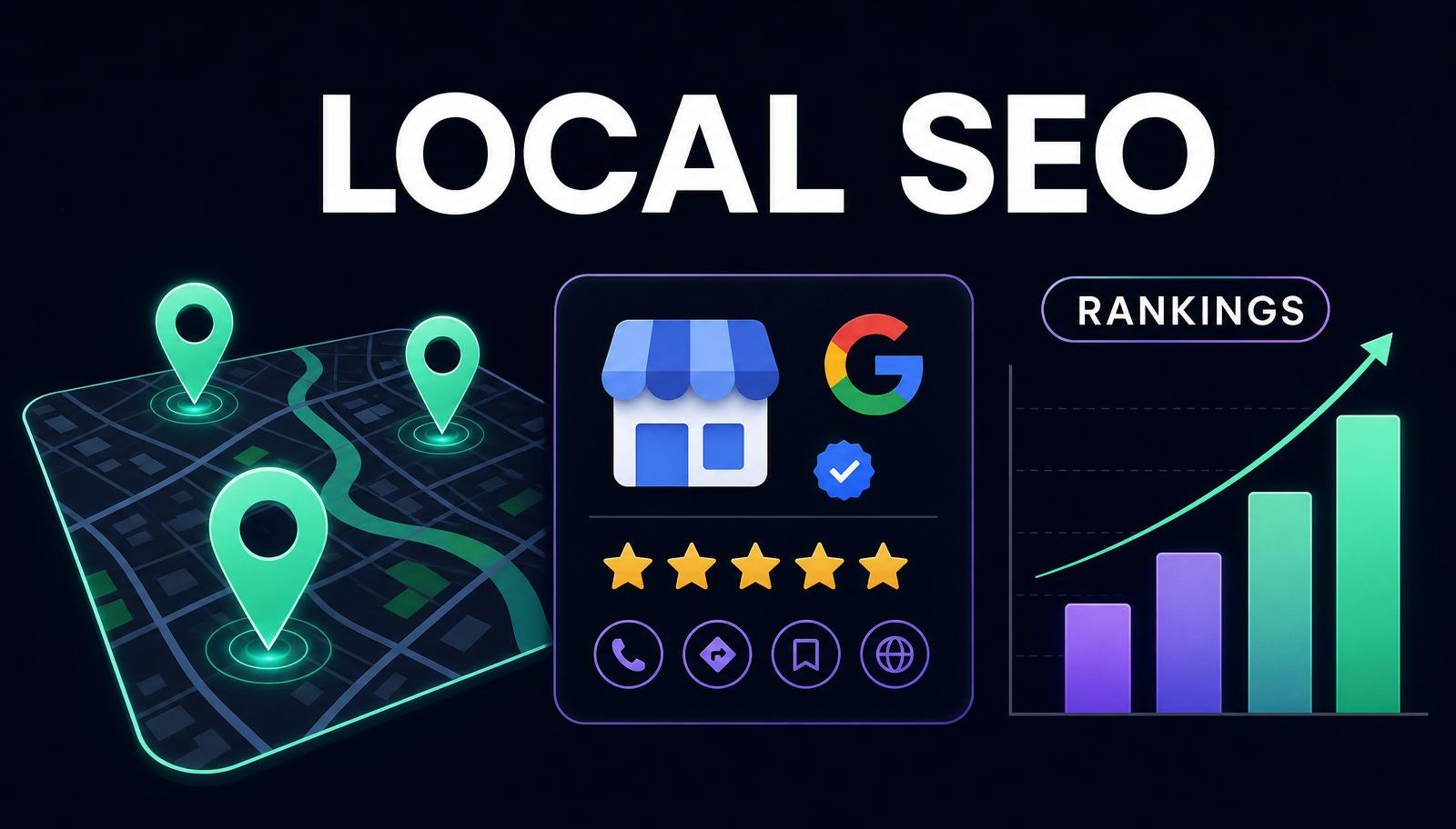 Local SEO infographic showing Google Business Profile card, star ratings, map pins, and local ranking bar chart