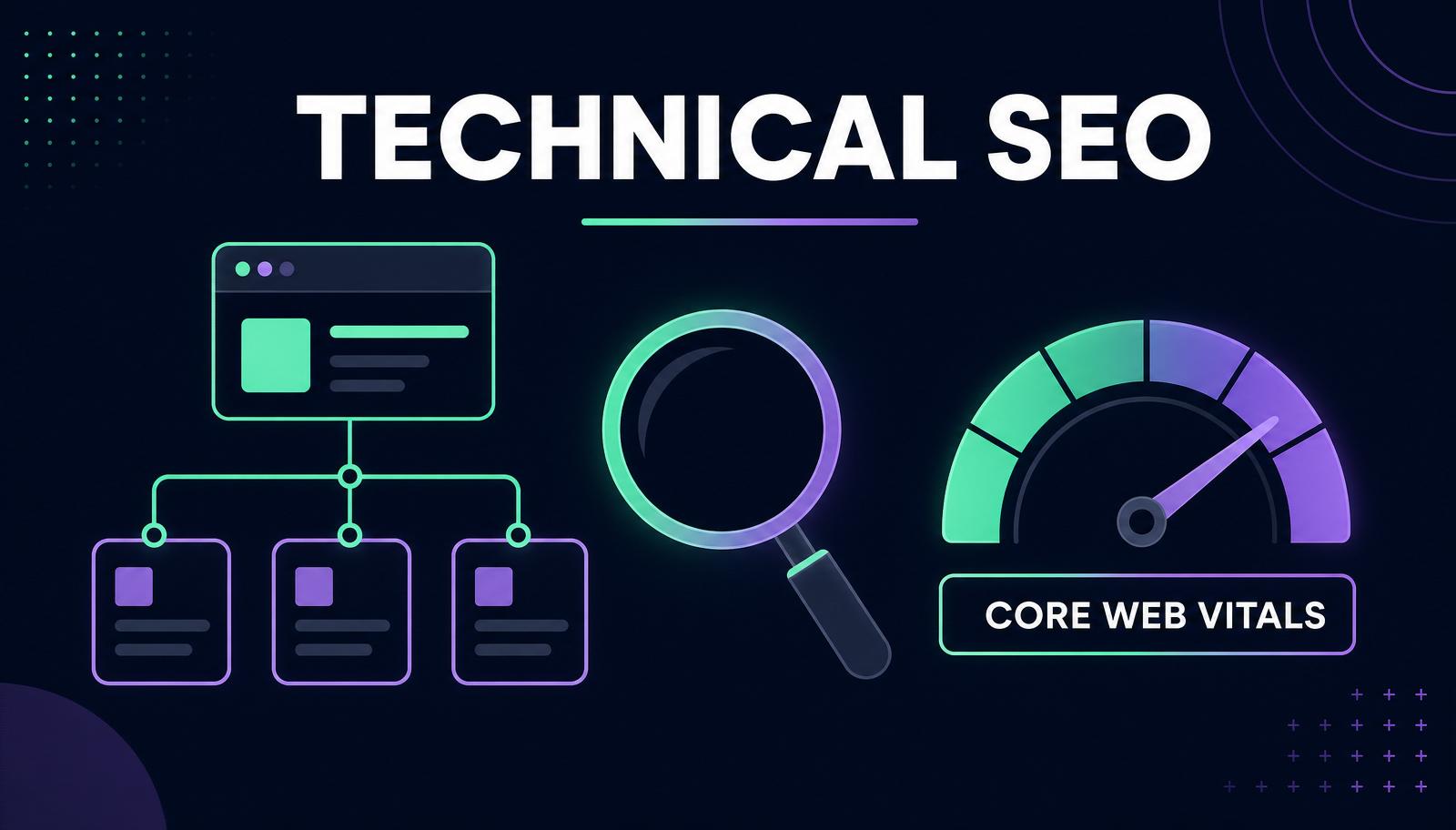 Technical SEO infographic with site architecture tree, crawler icon, page speed gauge, and HTTP status shields