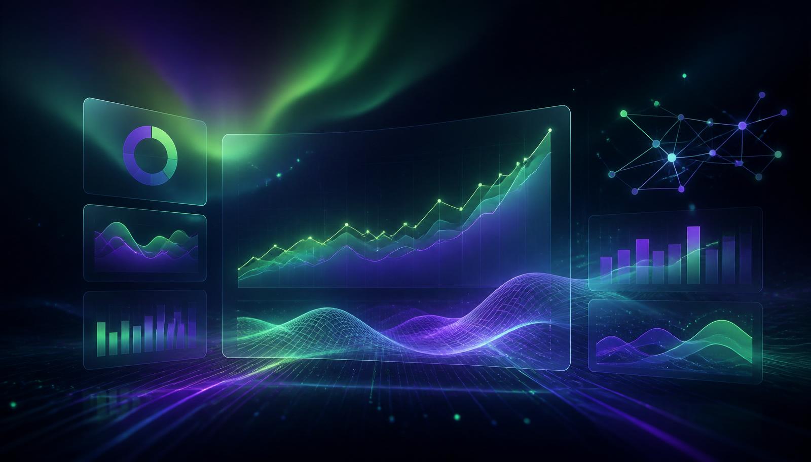 White label SEO analytics visualization — aurora-lit growth charts, backlink graph, and reporting panels for agency resellers